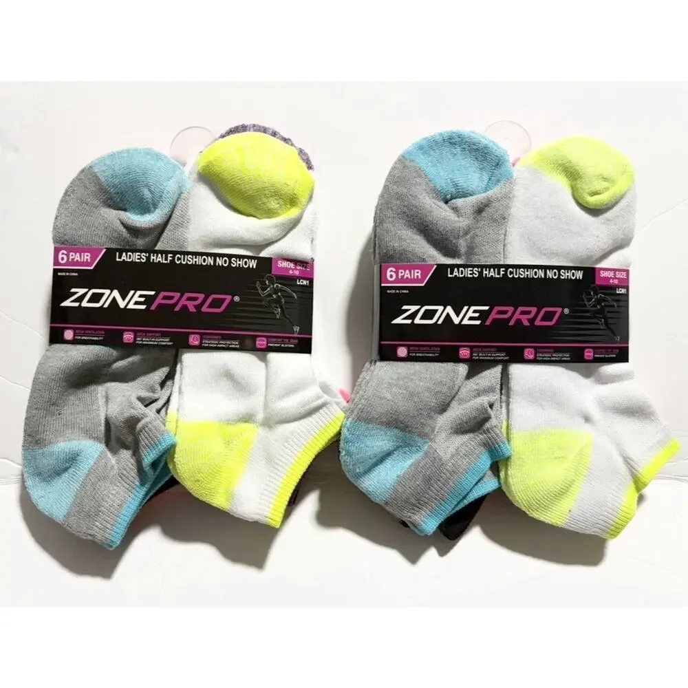 Zone Pro Ladies No Show Socks 12 Pair Half Cushion Low Cut Shoe 4-10 Color NEW